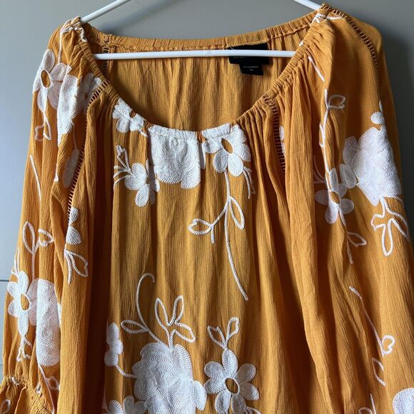 Liv Los Angeles Blouse Women XL Yellow Floral Embroidered Boho Peasant Top Shirt - Picture 2 of 10